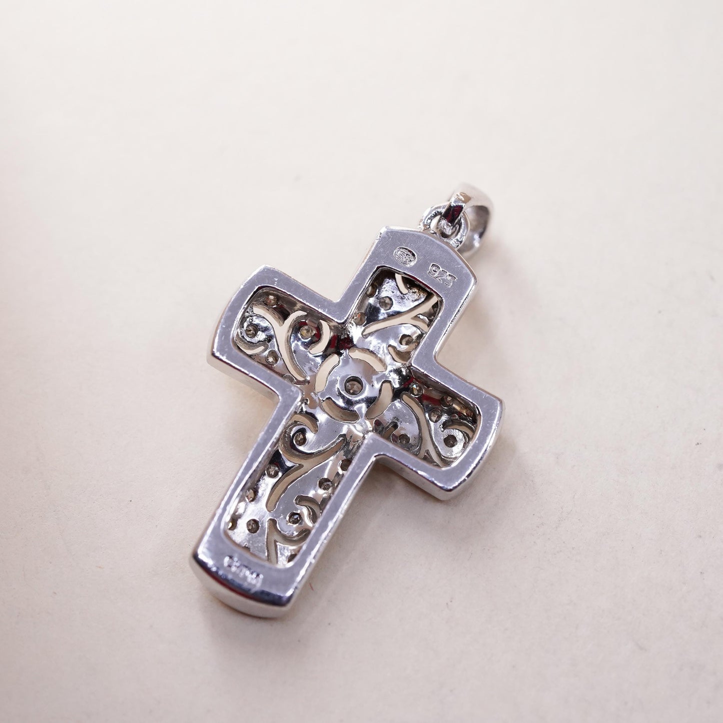 VTG modern sterling 925 silver filigree pendant, cross cluster genuine diamond