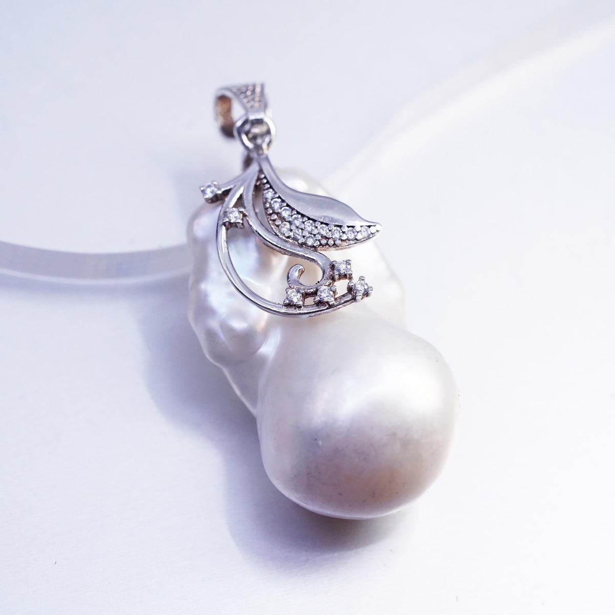 Sterling 925 Silver Baroque Pendant, Keshi Biwa Pearl CZ Leaf Floral Jewelry
