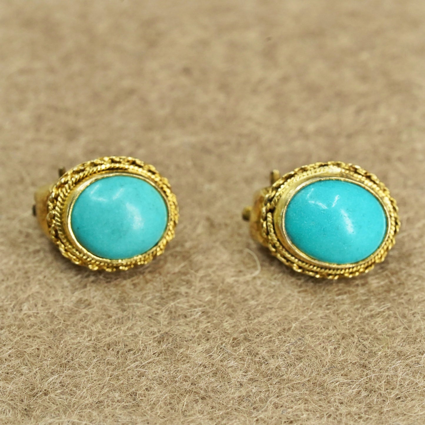 gold over Sterling 925 silver handmade earrings, oval clip on with turquoise