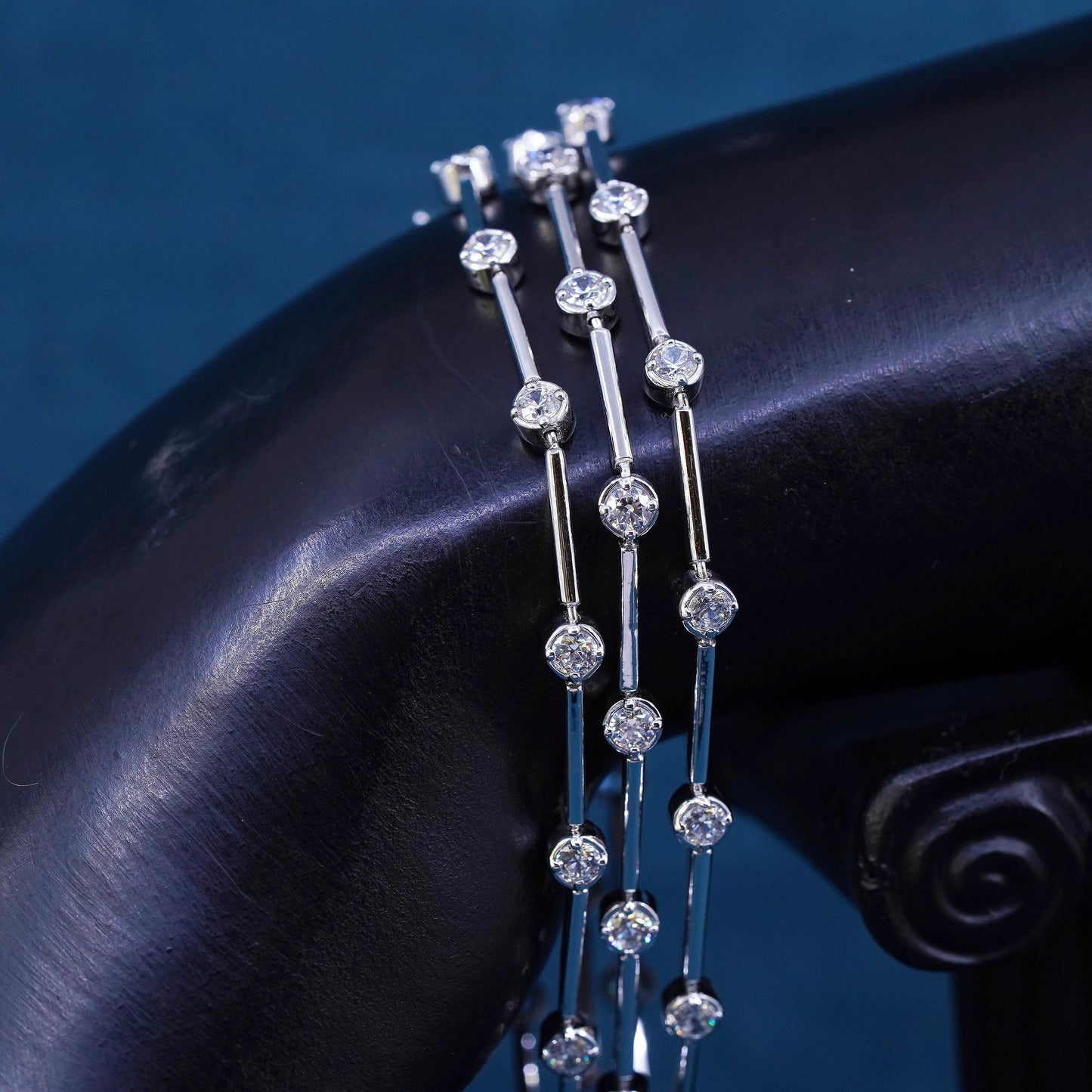 7.25", vintage Sterling 925 silver tennis multi strands bracelet with clear cz