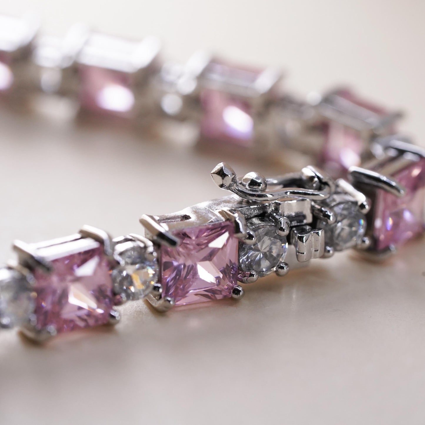7", Vintage Sterling 925 silver tennis bracelet with square pink cz