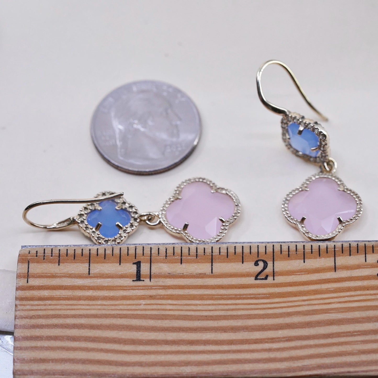 Italian yellow gold plated Sterling Silver Blue Pink Chalcedony Clover Earrings