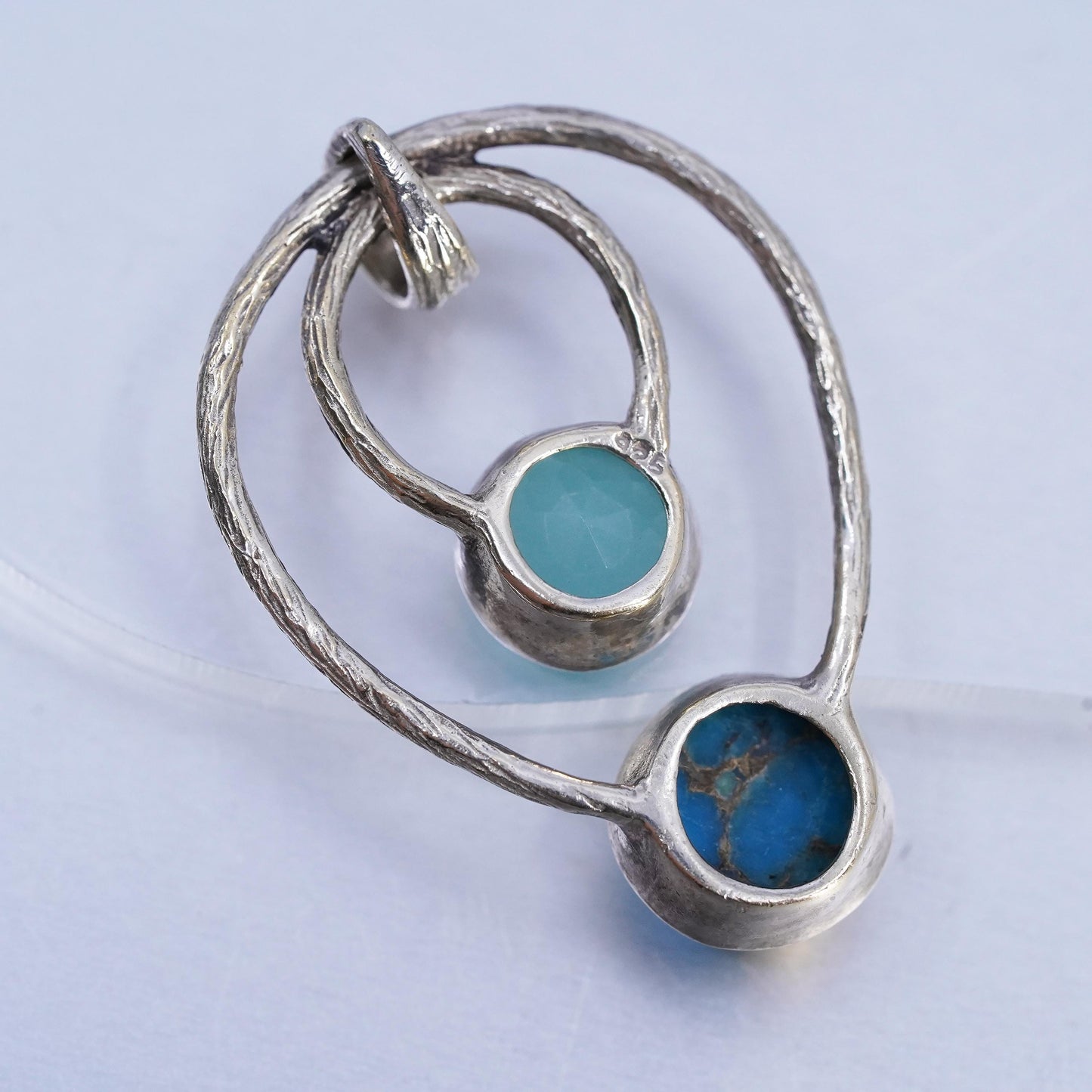 Vintage sterling 925 silver textured pendant with blue Chalcedony and turquoise