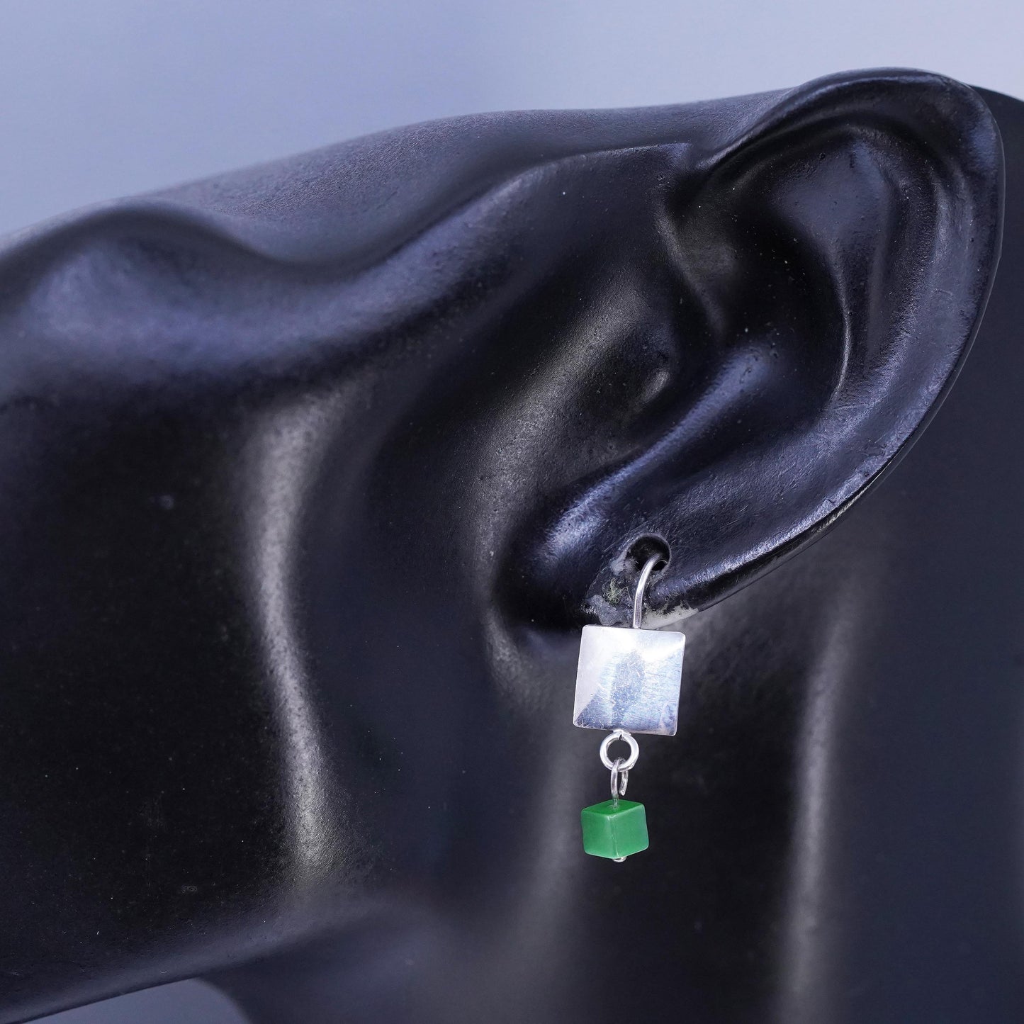 Vintage Sterling 925 silver earrings with square disc and green cat eye dangles