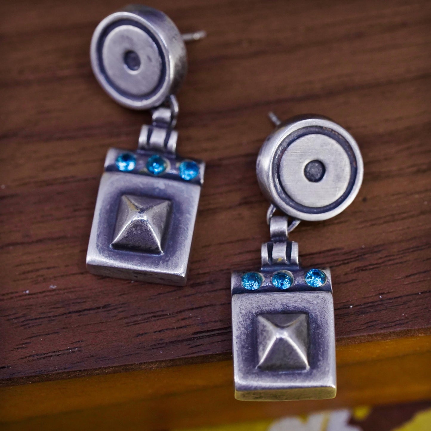 Vintage Sterling silver earrings, 925 pyramid square dangle with blue crystal