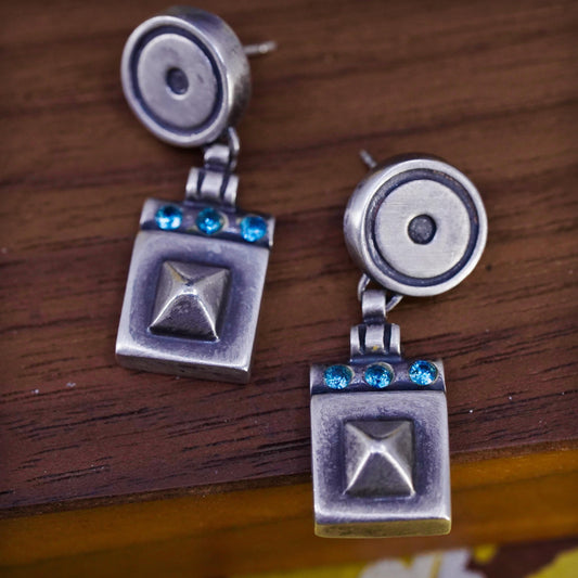 Vintage Sterling silver earrings, 925 pyramid square dangle with blue crystal