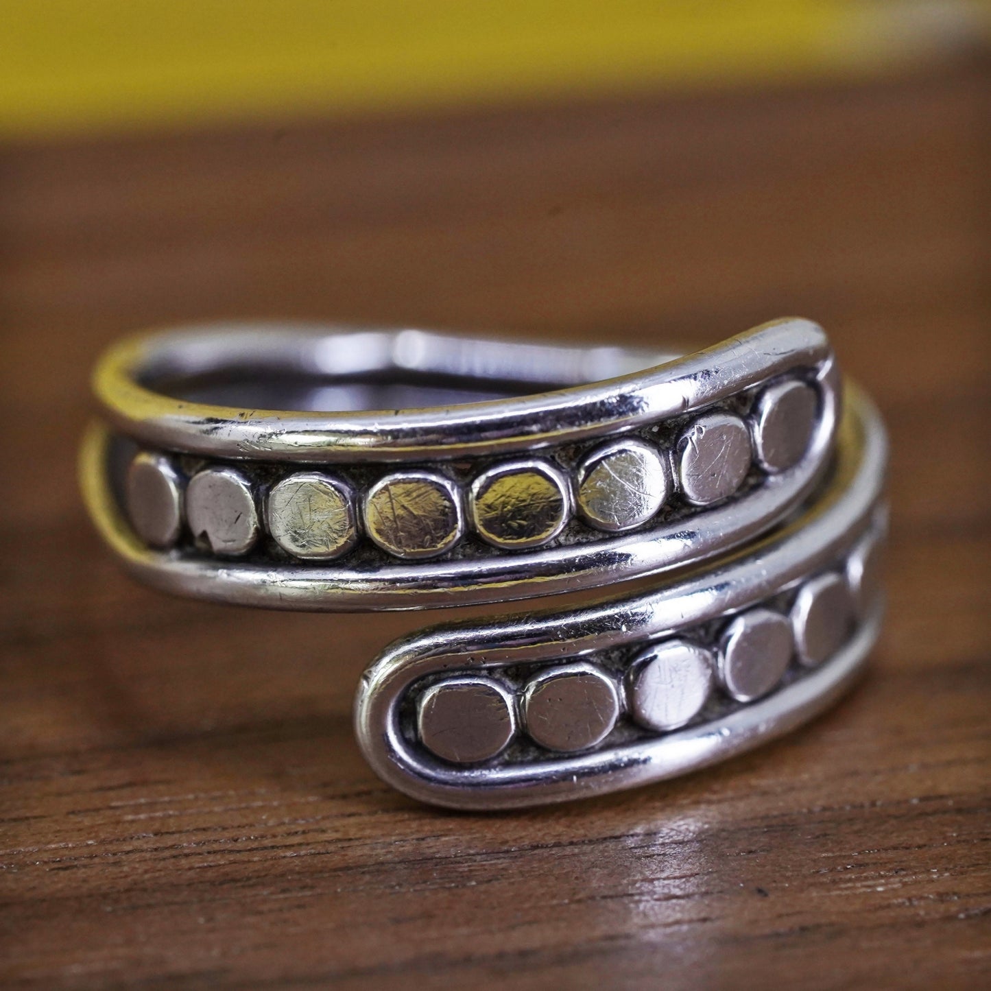 Size adjustable, vintage Sterling 925 silver ring, 925 modern wrap band beads