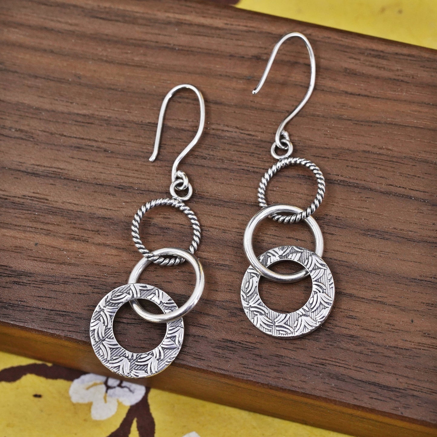 2”, Sterling silver handmade earrings, 925 entwined textured circles dangle
