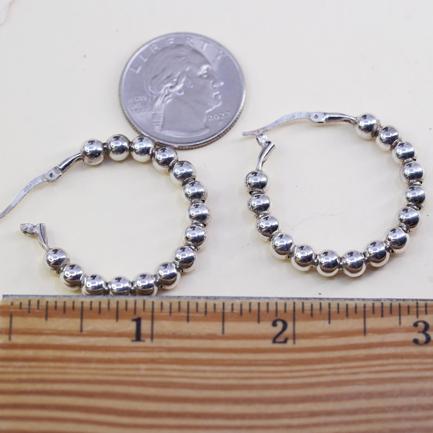 1.25”, Vintage sterling 925 silver loop handmade earrings, beaded hoops