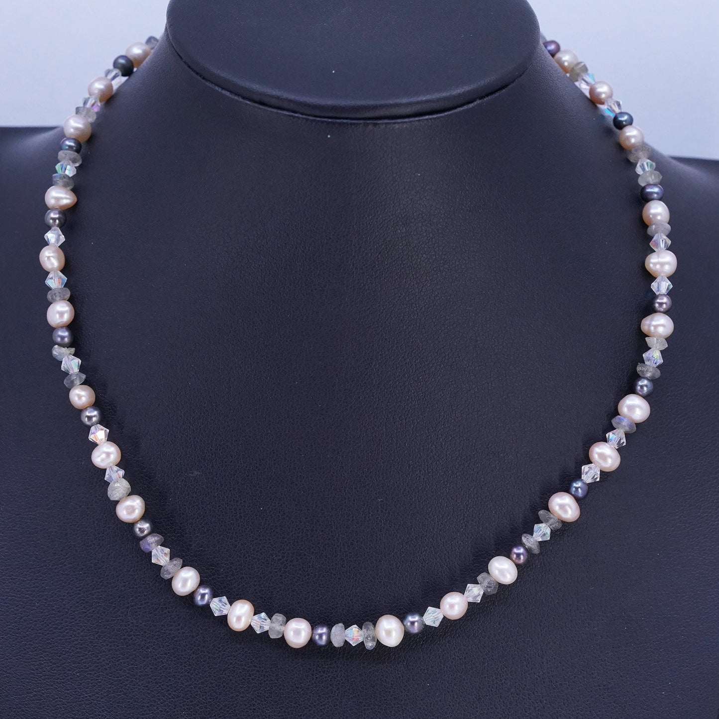 16" Vintage Sterling 925 silver handmade necklace With Pearl, Crystal Beads