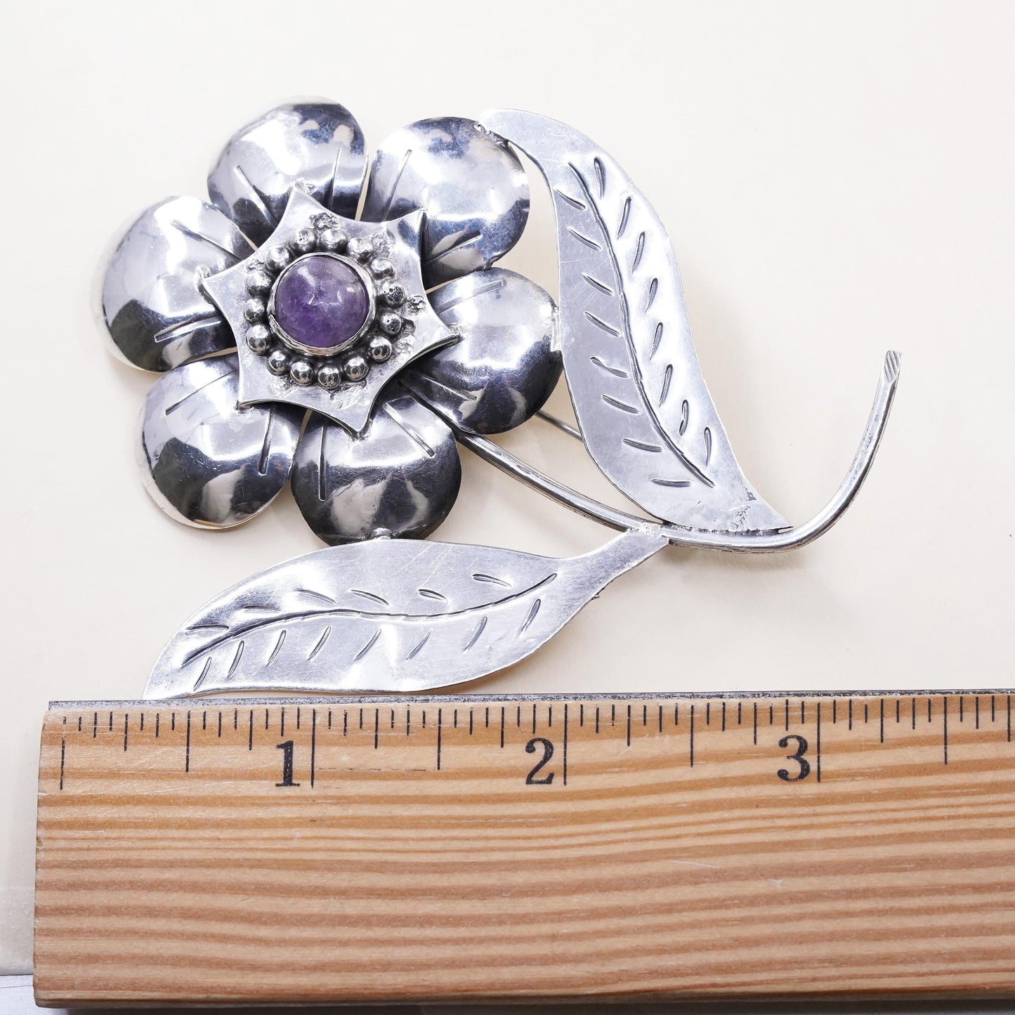 Vintage sterling silver handmade brooch, huge 925 flower pin with amethyst