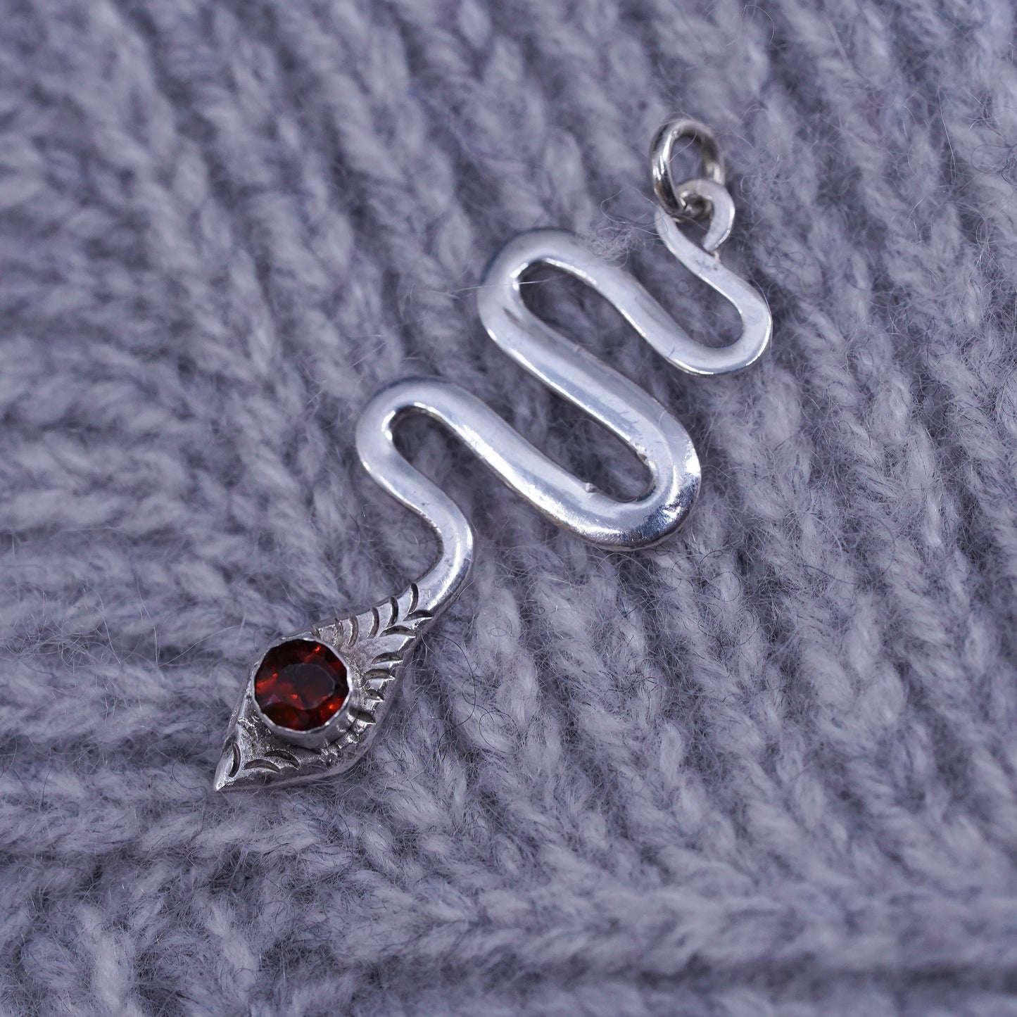 Vintage Sterling silver handmade pendant, 925 snake with ruby
