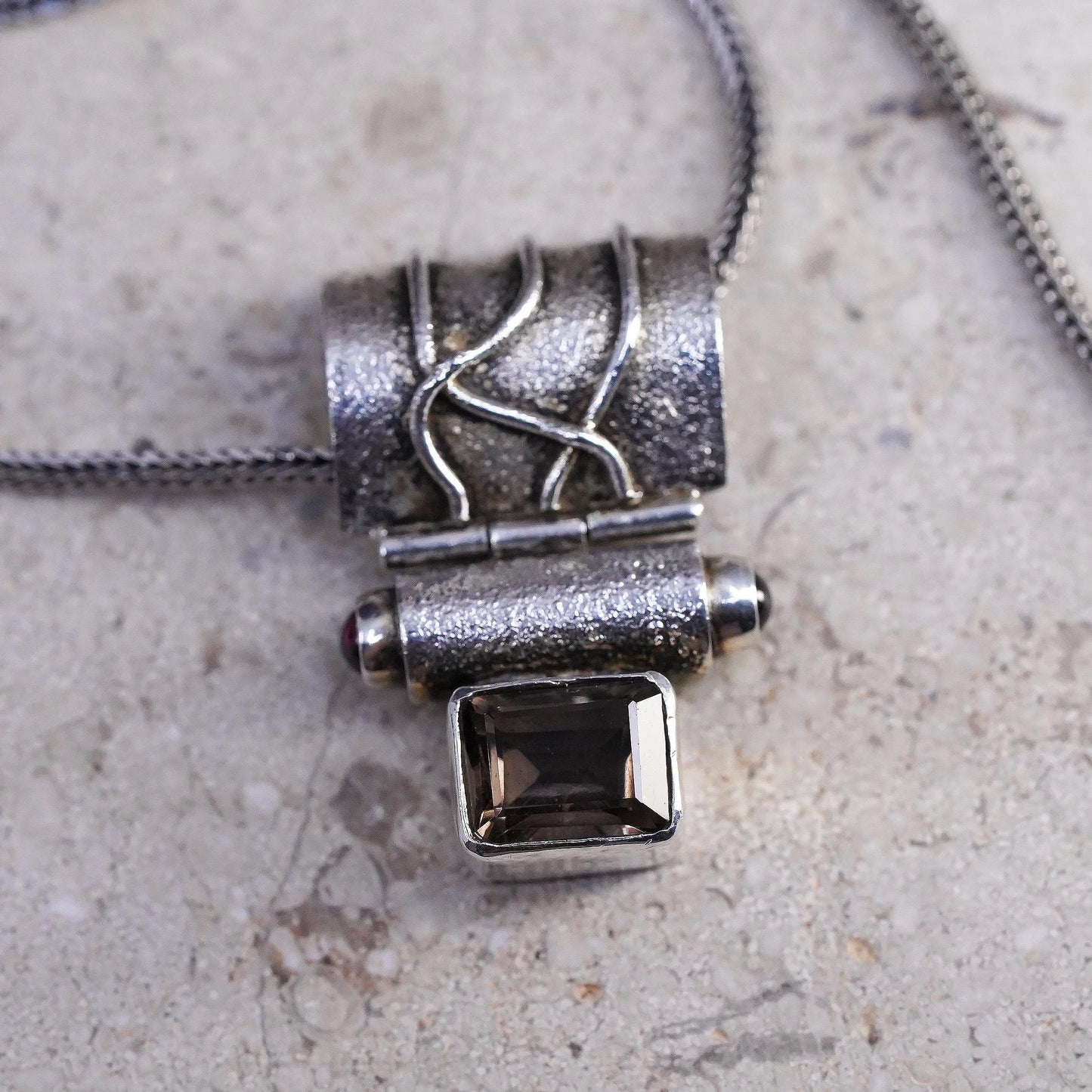 17", Sterling Silver Smoky Quartz Pendant Necklace Modernist Artisan 925 Silver