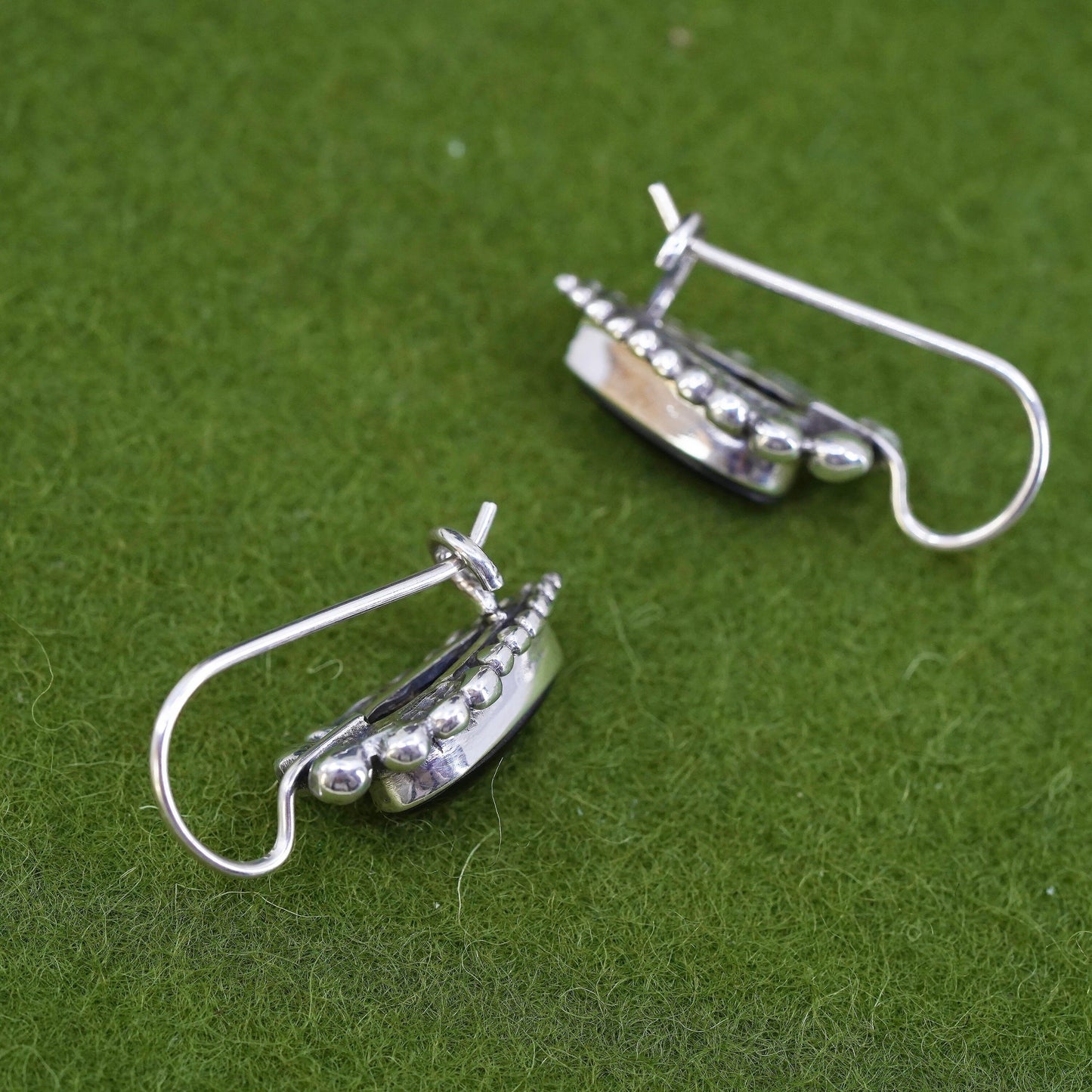 Vintage sterling 925 silver handmade earrings with teardrop onyx and beads