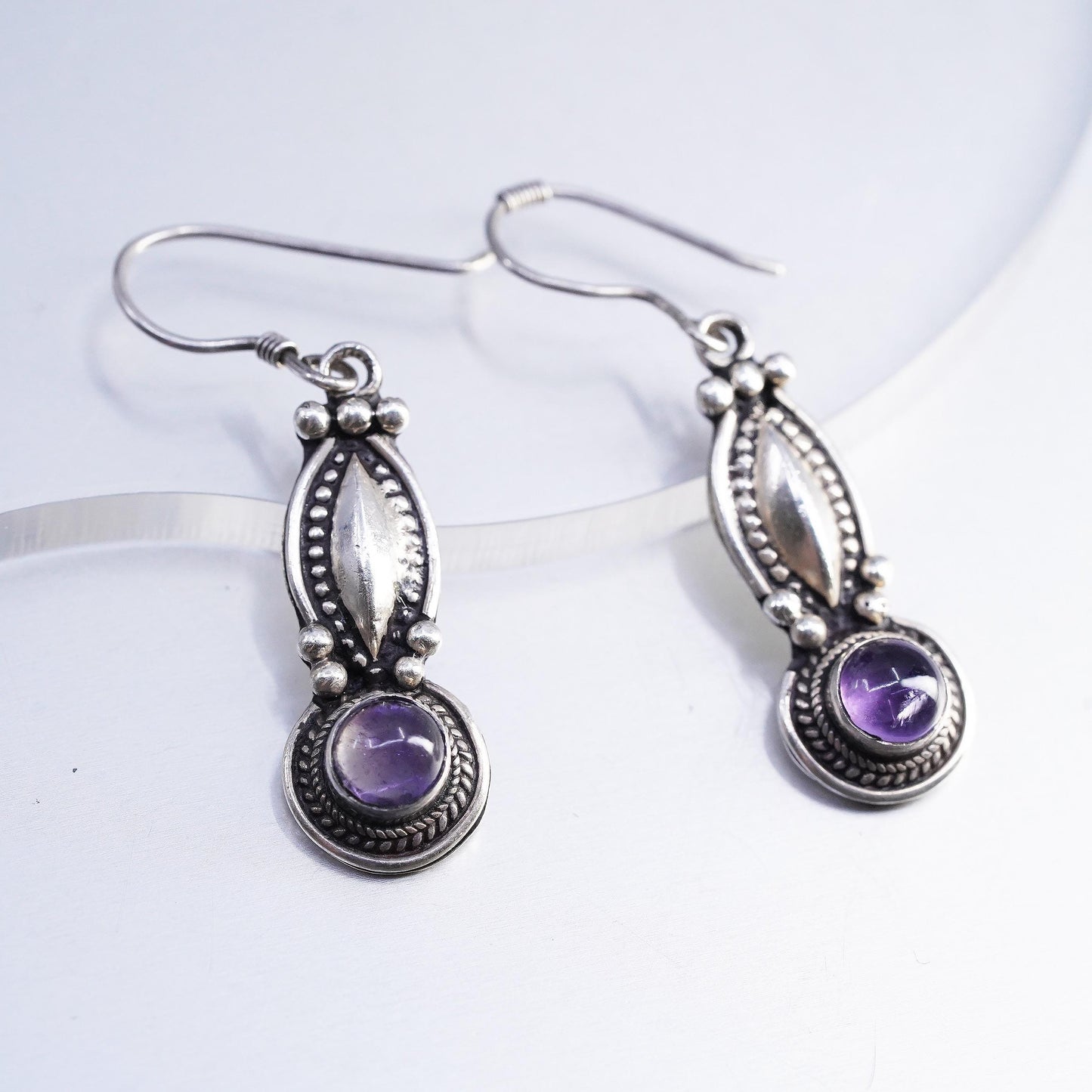 Sterling Silver Amethyst Dangle Earrings, 925 Southwestern Drops, Cabochon