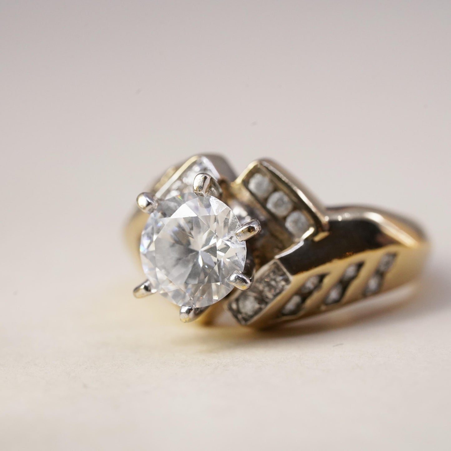 Size 7.25, Vintage gold over sterling silver CZ ring, 925, engagement ring