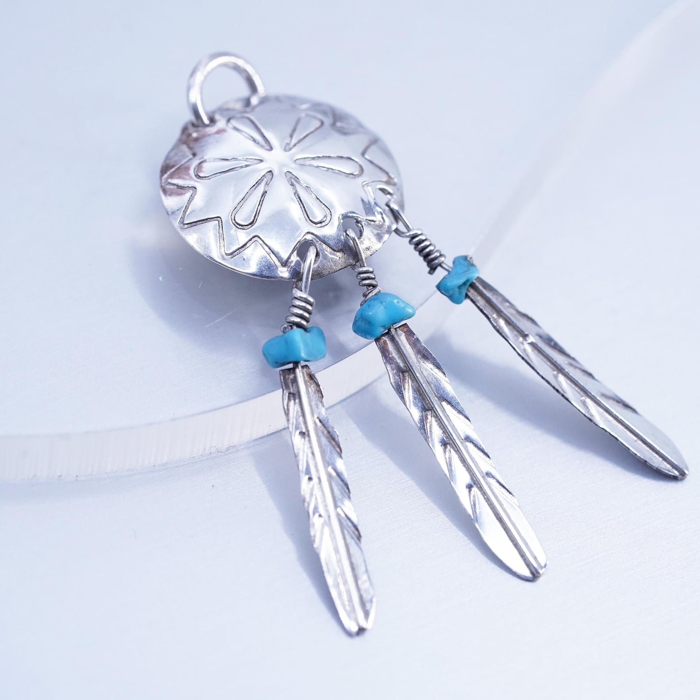 Native American sterling 925 silver circle pendant feather dangles turquoise
