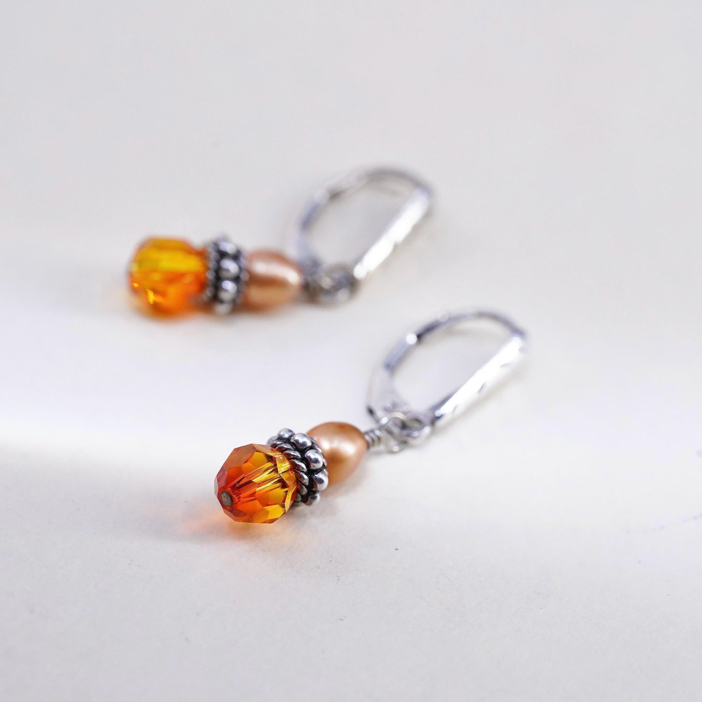 Vintage 925 Sterling silver earrings with orange pearl crystal drops Leverback