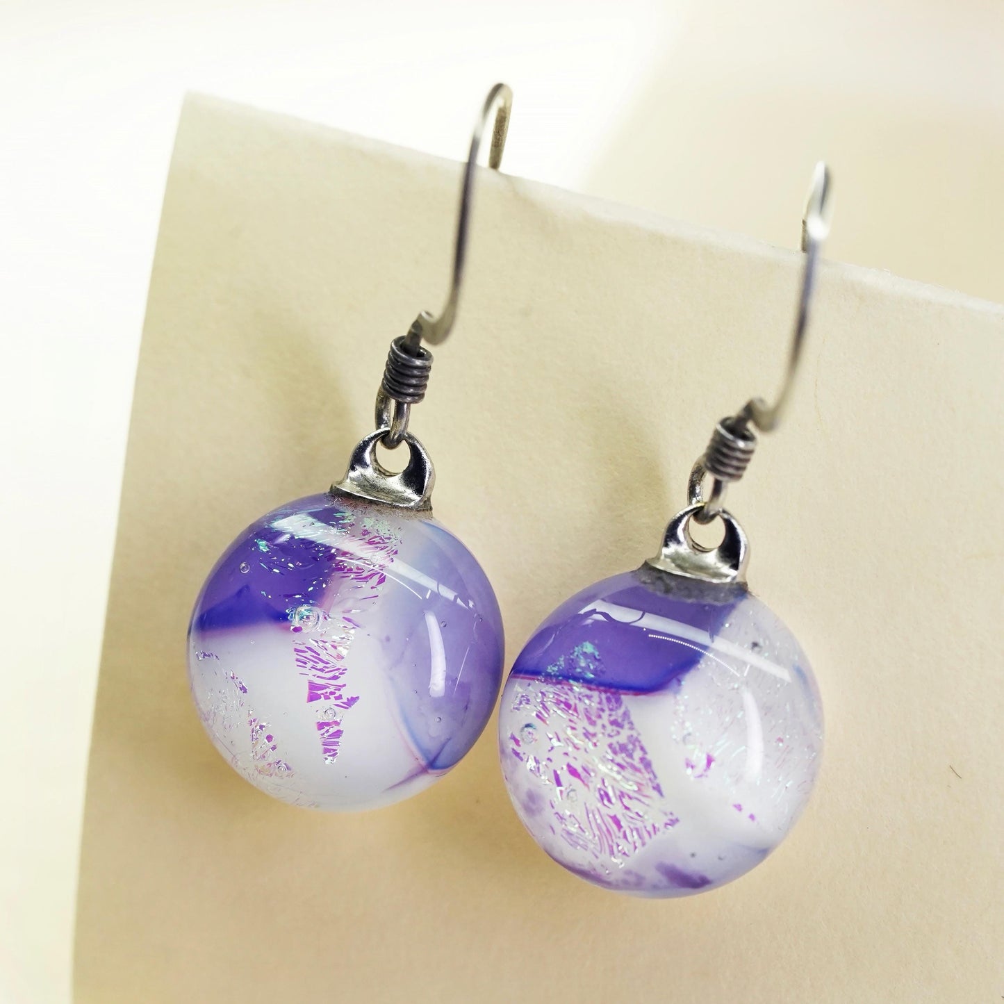 Vintage Sterling 925 silver handmade earrings purple foiled artisan glass drops