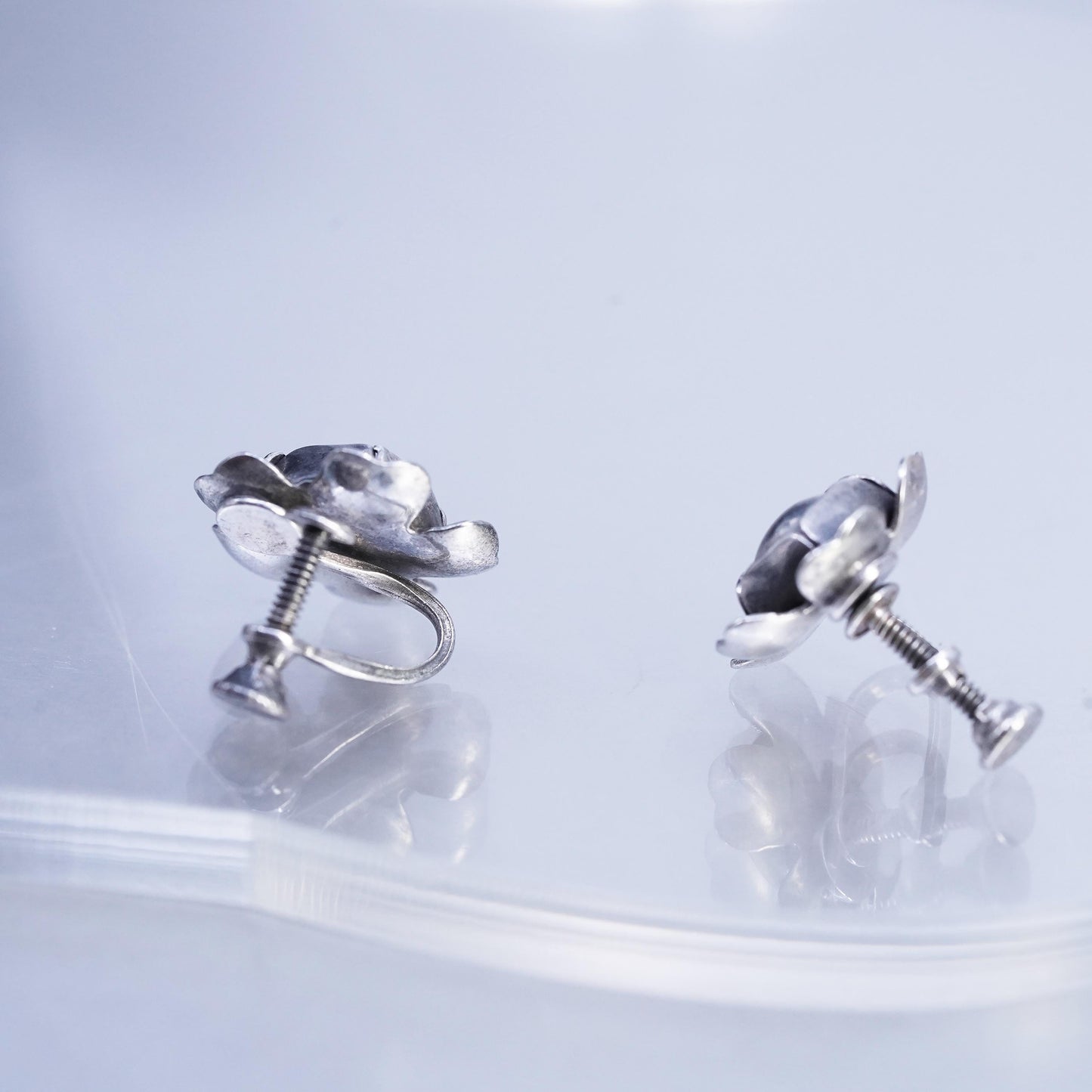 Vintage Sterling 925 silver handmade earrings, screw back flower