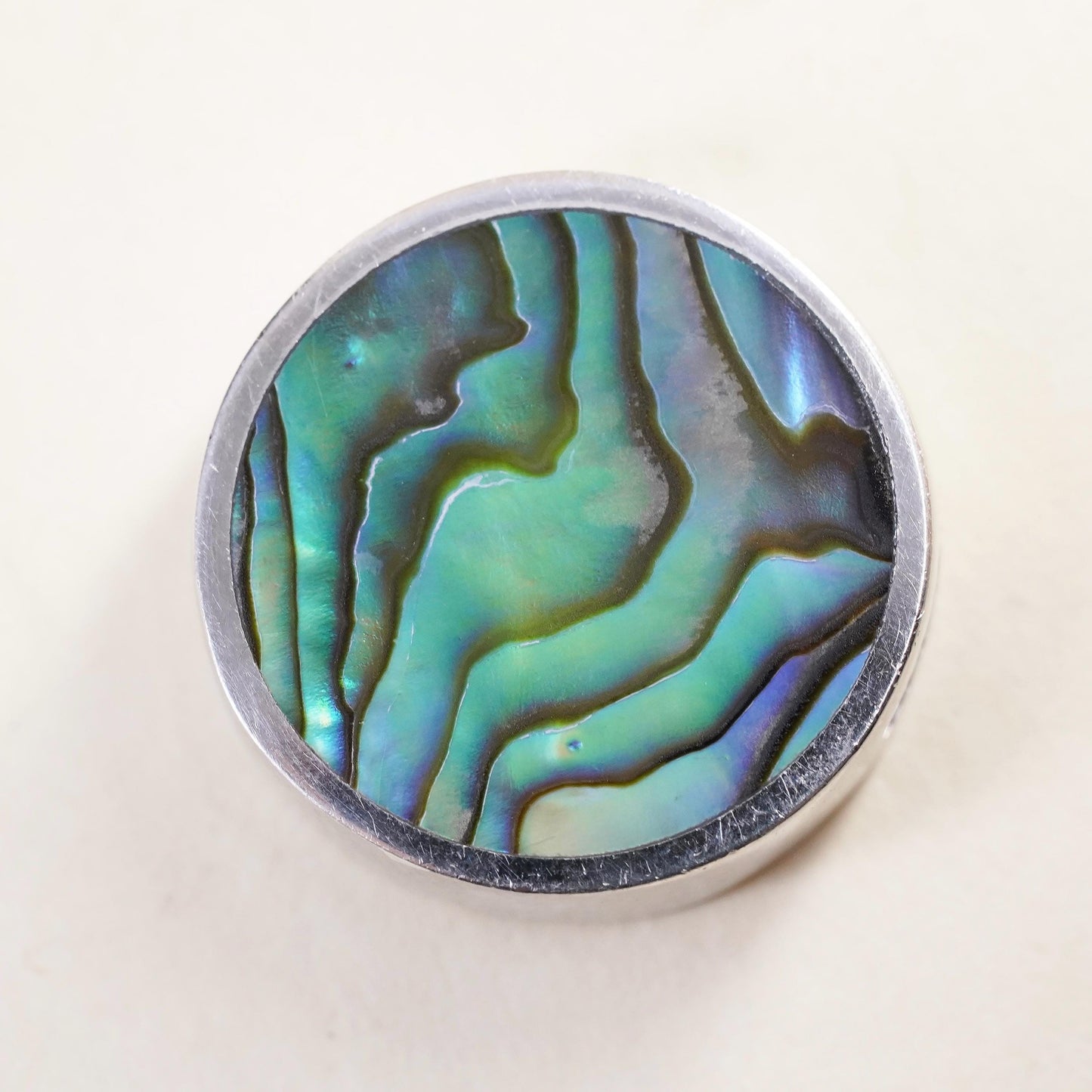 Vintage sterling 925 silver handmade circle pendant with abalone inlay