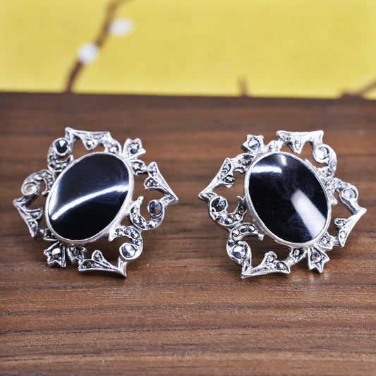 Vintage Sterling 925 silver handmade oval studs earrings with onyx marcasite