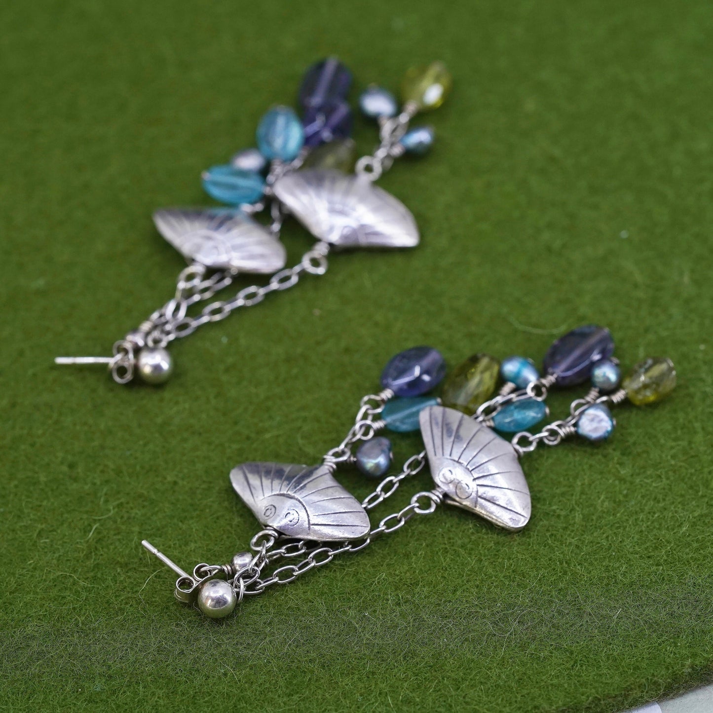 Sterling 925 silver handmade fish earrings with cluster pearl amethyst peridot