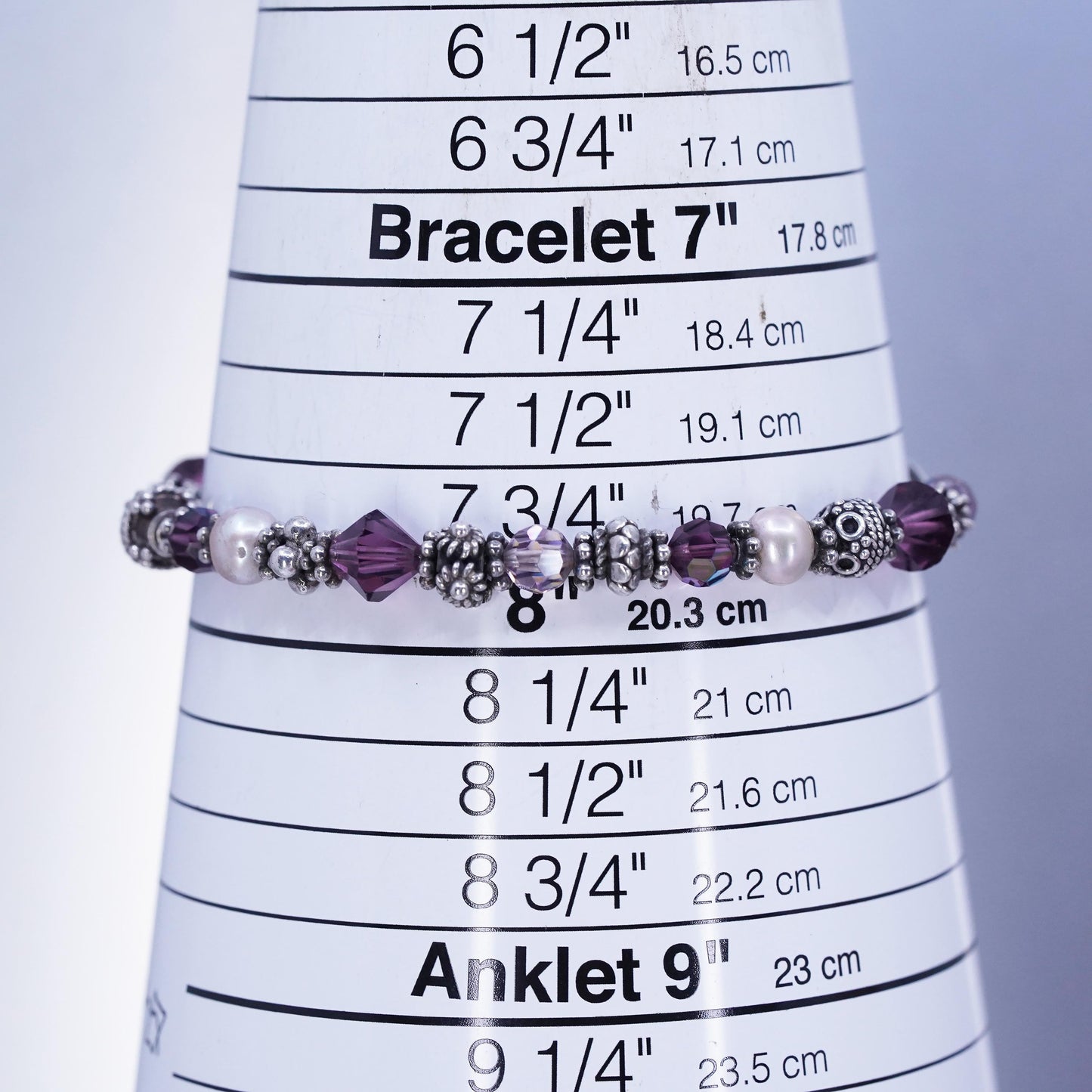 8”, vintage Sterling 925 silver handmade bracelet with pearl amethyst beads