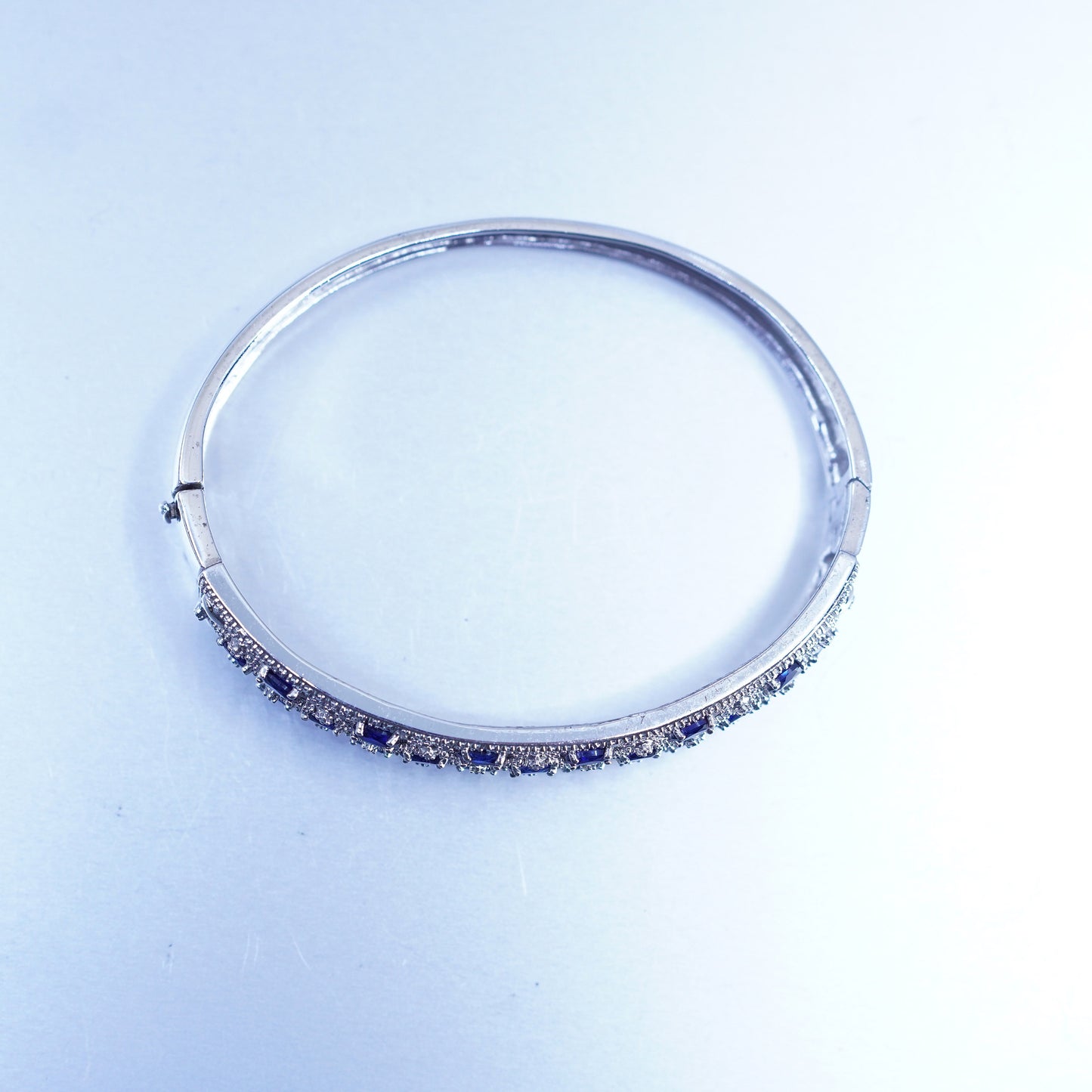 7”, Sterling 925 silver handmade bracelet, hinged bangle sapphire diamond