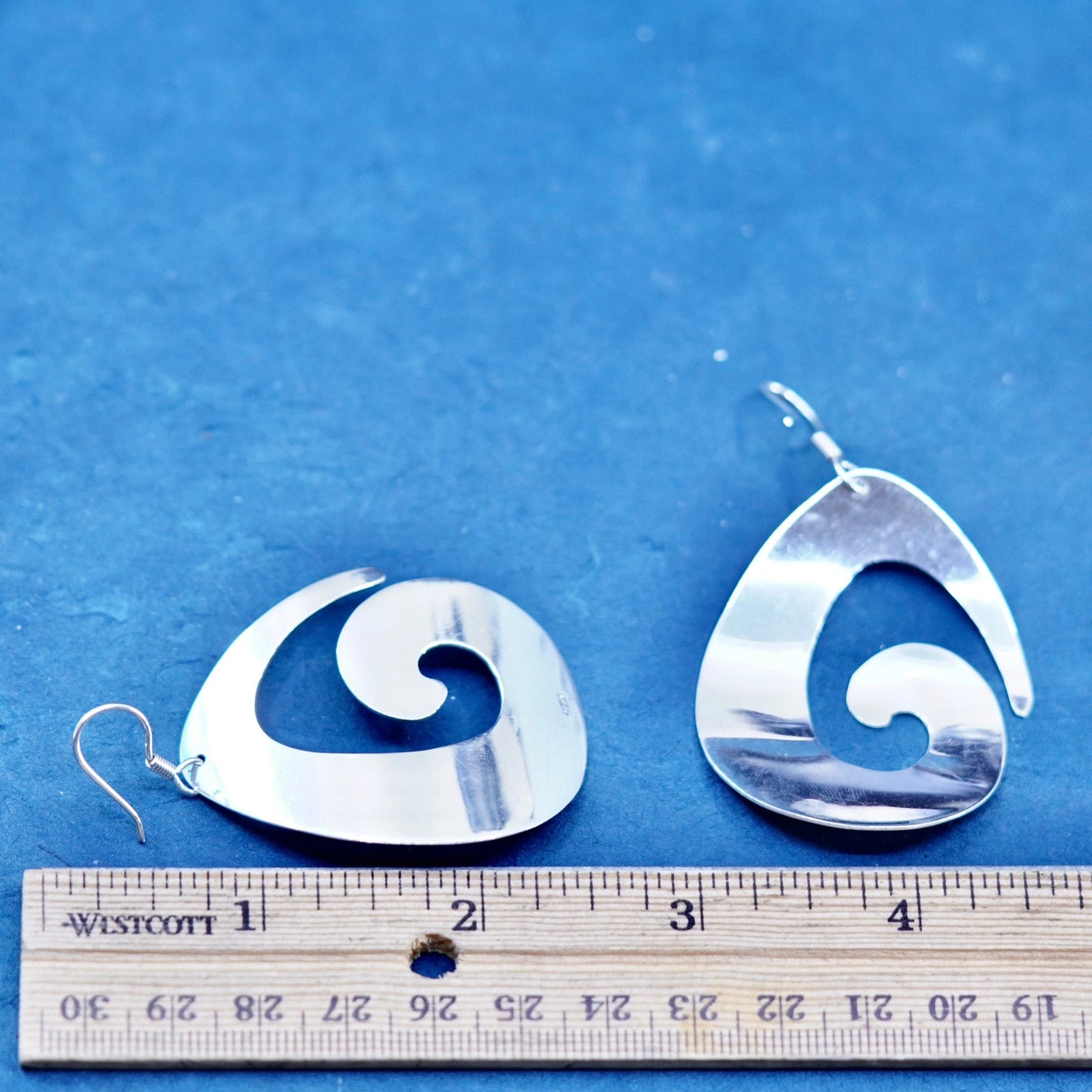 Vintage Sterling Silver handmade Earrings. Huge curvy swirly 925 teardrop