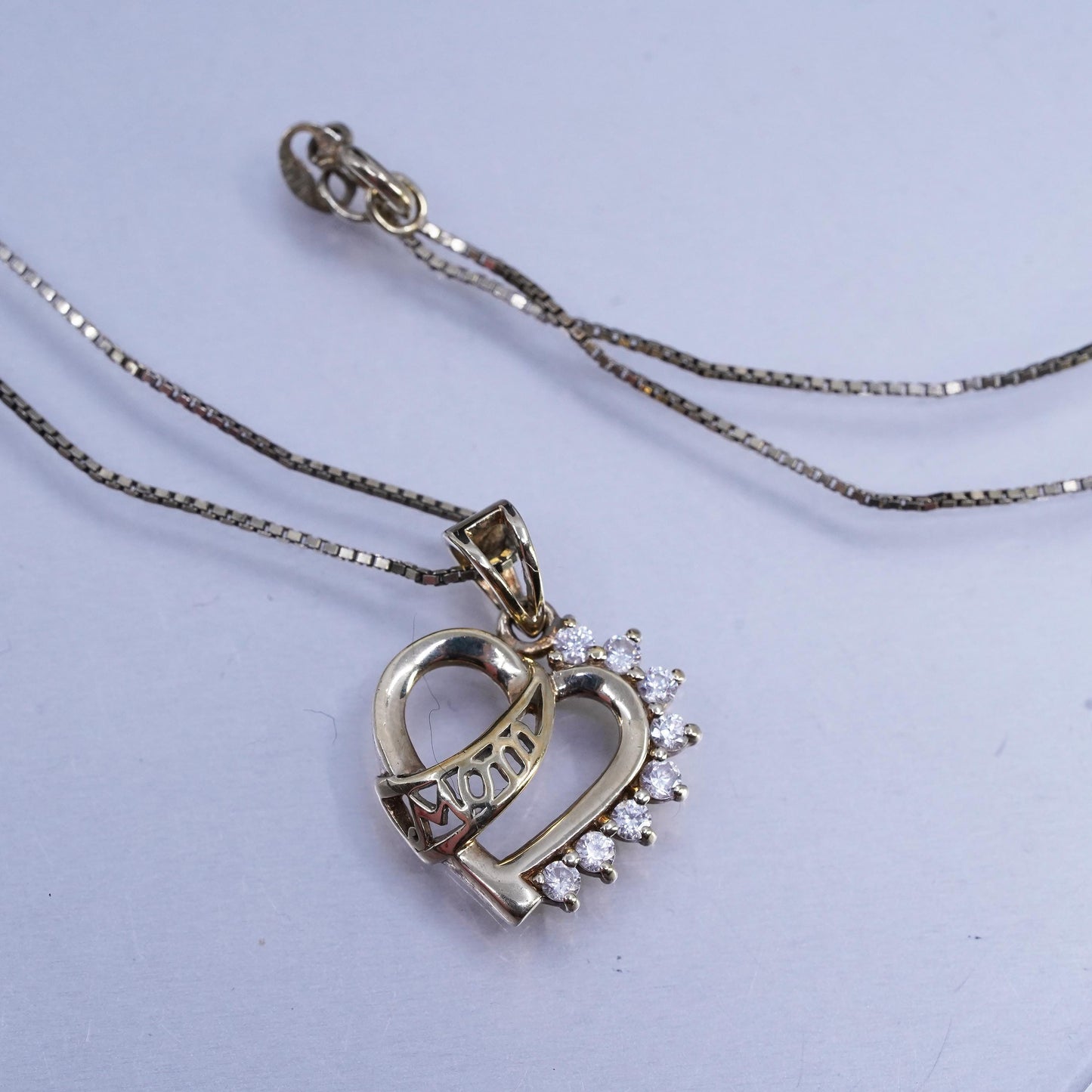 18", gold plated Sterling 925 silver box necklace cz heart pendant mom cutout