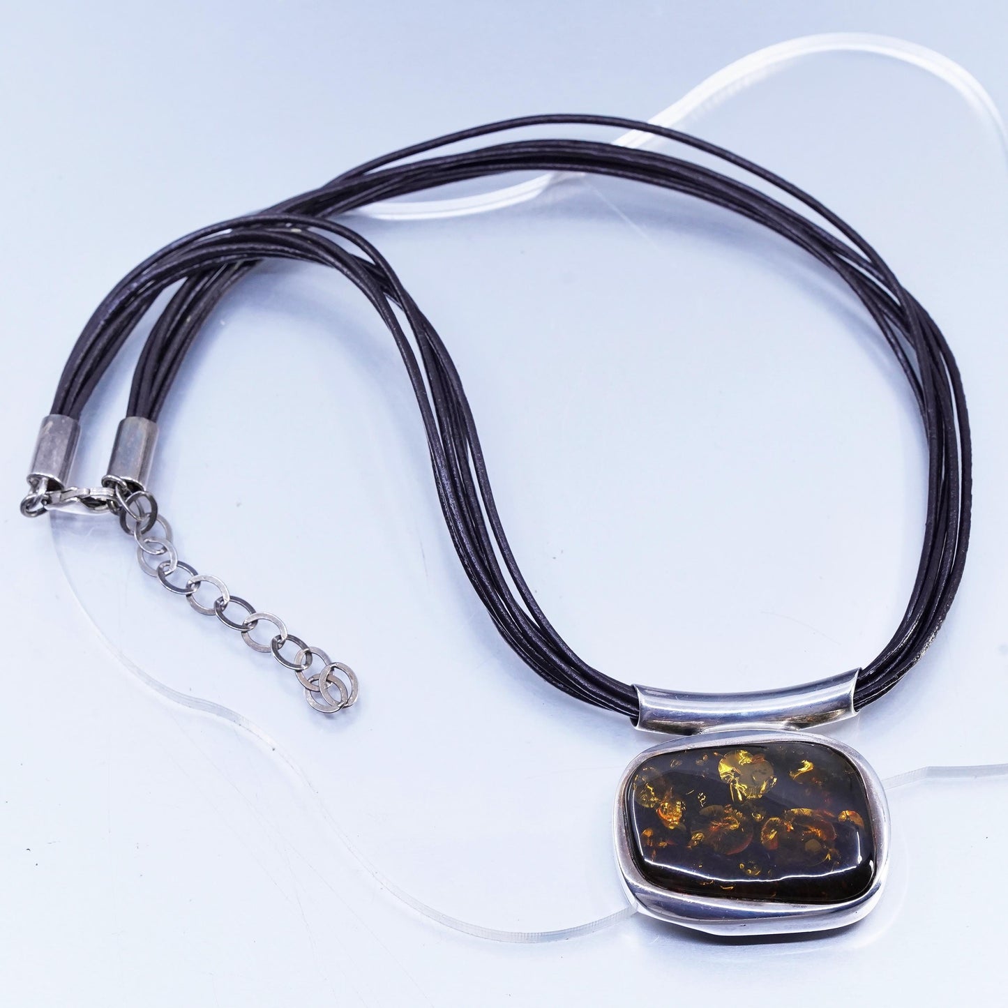 16", VTG Sterling 925 Silver multi strands black Leather Necklace Amber pendant