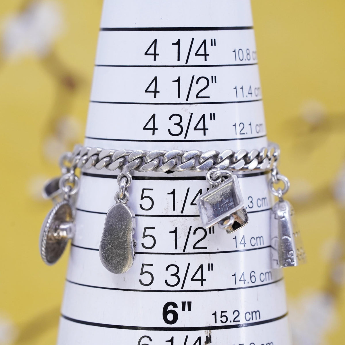 5”, Mexico Sterling Silver 925 Sombrero Mayan calendar sandal Charm Bracelet