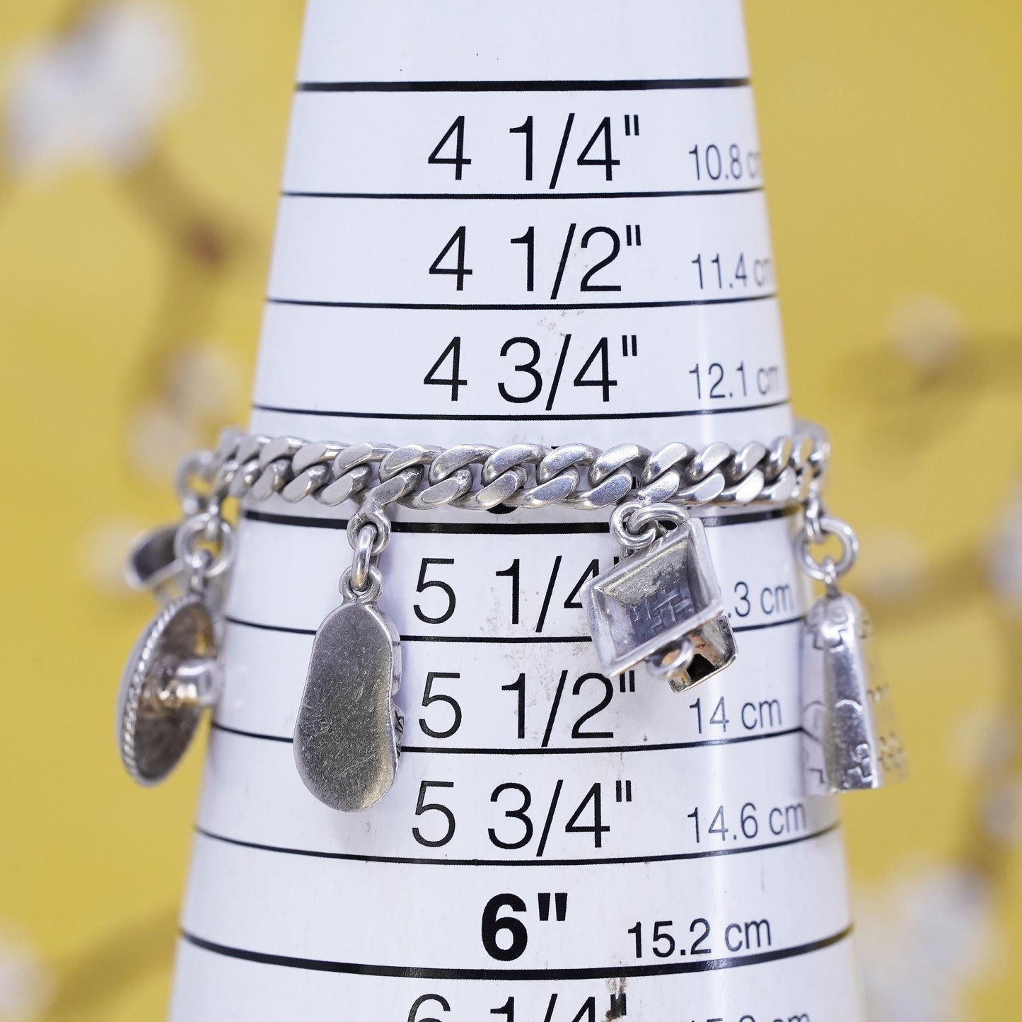 5”, Mexico Sterling Silver 925 Sombrero Mayan calendar sandal Charm Bracelet