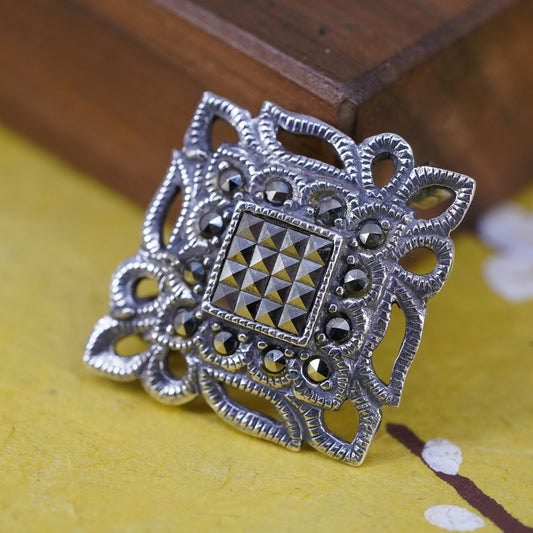 Vintage handmade sterling 925 silver square brooch with Marcasite