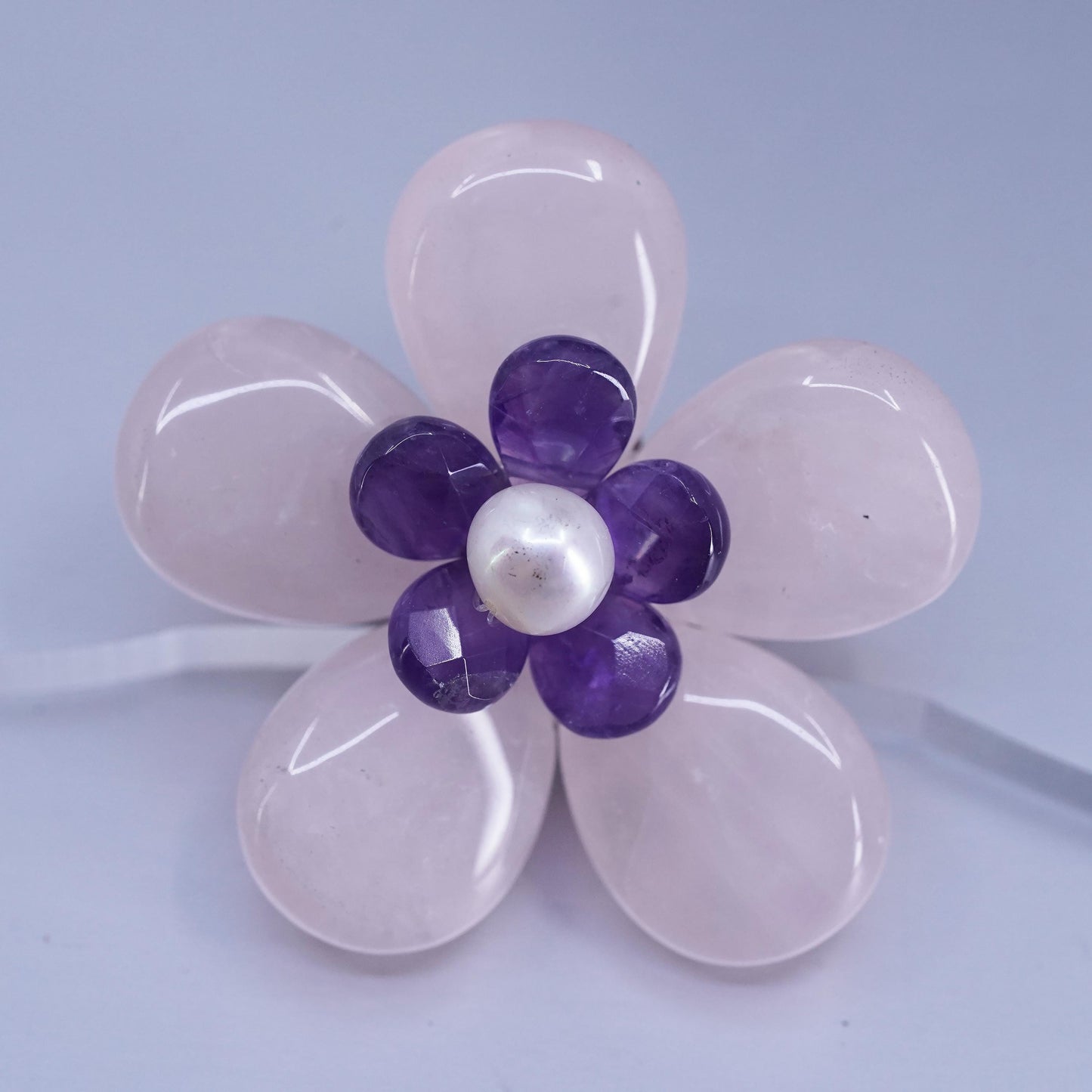 Vintage sterling silver brooch, 925 flower pin with amethyst pink rose quartz