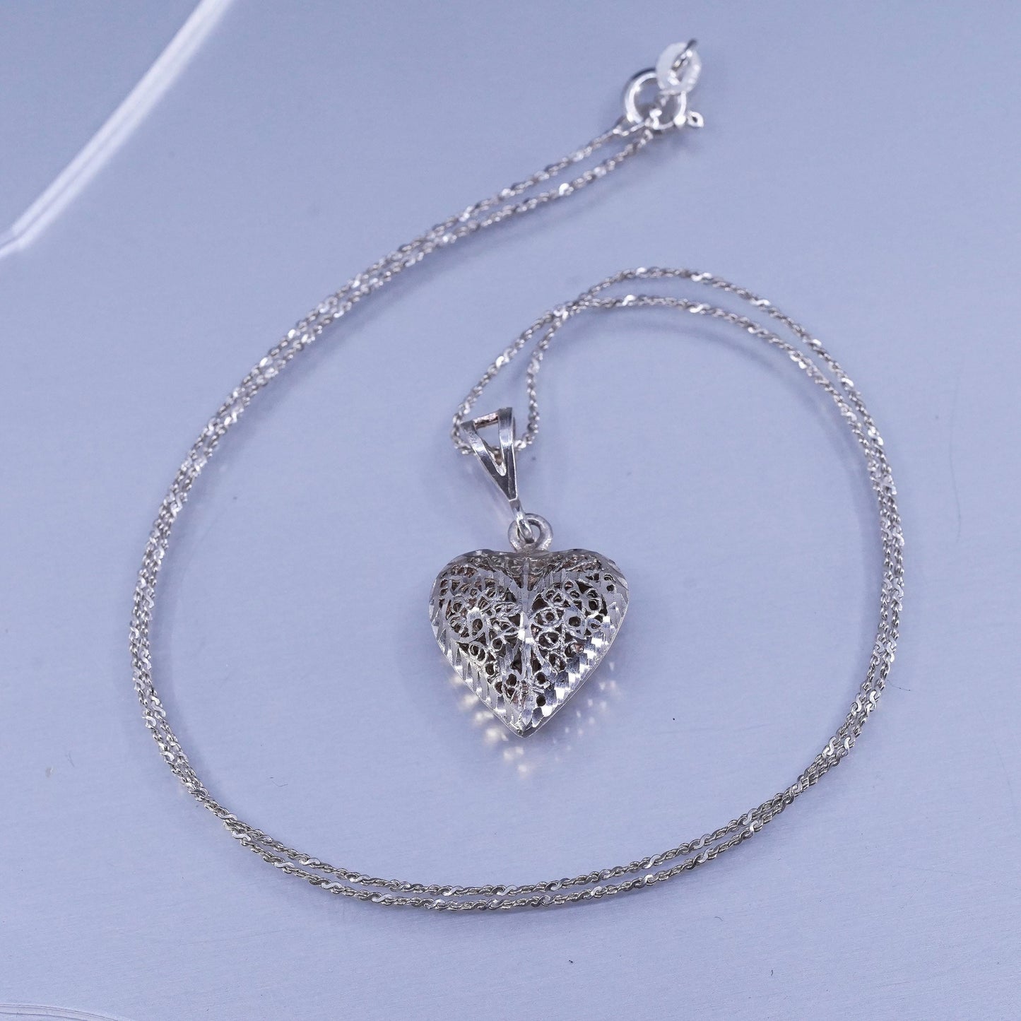 18”, Sterling 925 silver twisted S link necklace with filigree heart pendant