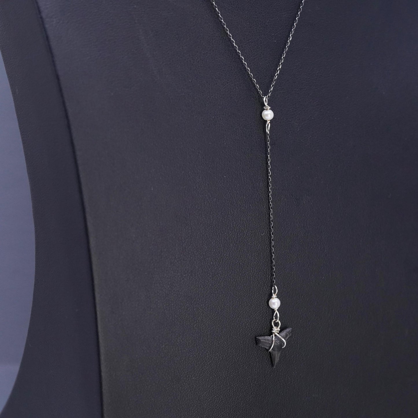 16”, Sterling silver necklace, 925 circle chain fossilized shark teeth pendant
