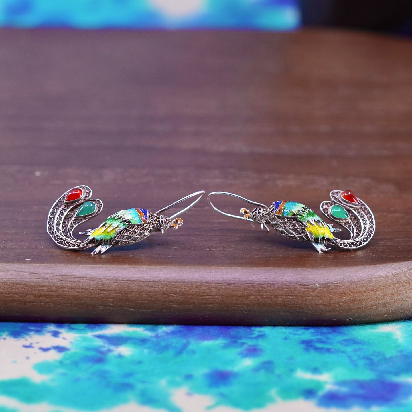 Sterling silver handmade earrings filigree 925 peacock drops w/ colorful enamel