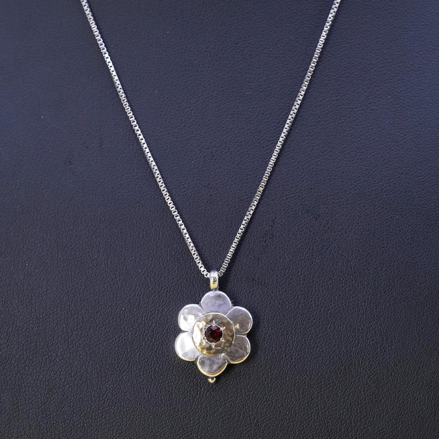 18” Vintage 14K flower Sterling silver handmade pendant, 925 box chain necklace