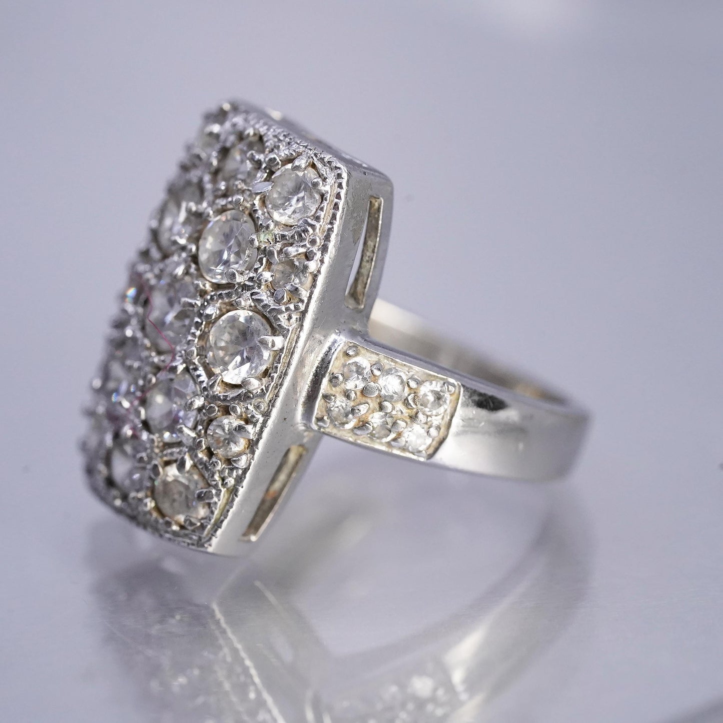Size 6, vintage Sterling 925 silver handmade wide band ring with cluster Cz