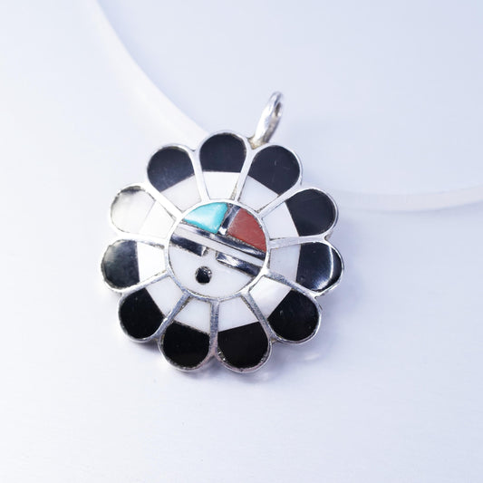 R Wallace Native American sterling 925 silver zuni sunflower pendant turquoise