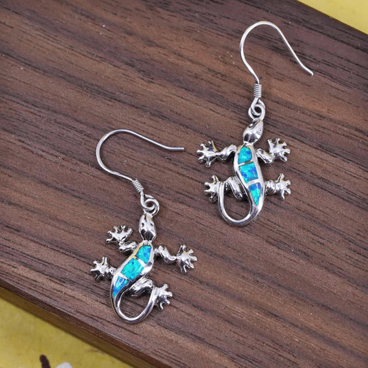 Vintage Sterling silver handmade earrings, 925 lizard with opal inlay
