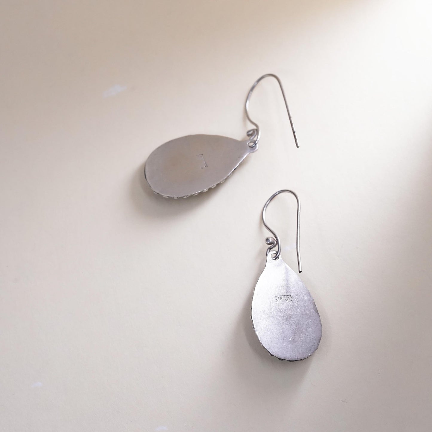 Vintage sterling 925 silver handmade earrings with teardrop jade