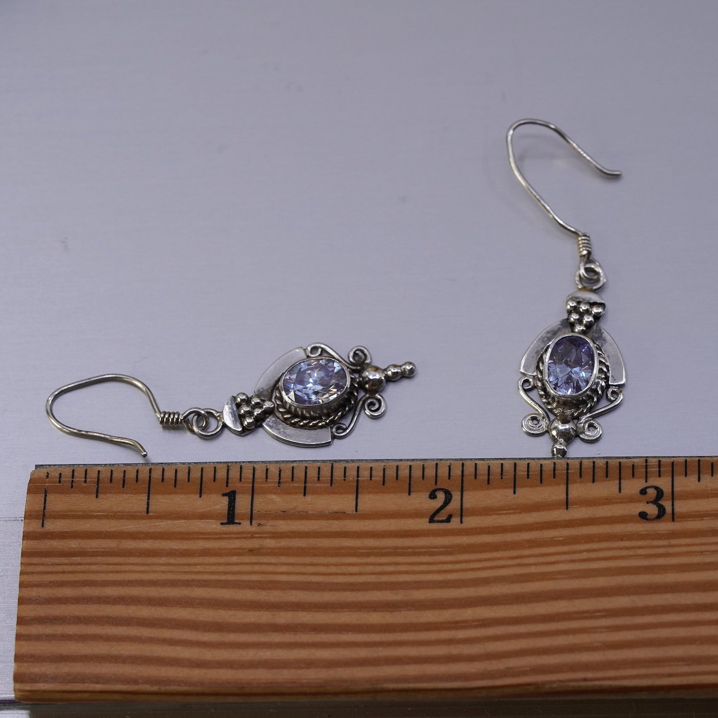 Vintage Sterling silver handmade earrings, 925 bali with oval amethyst