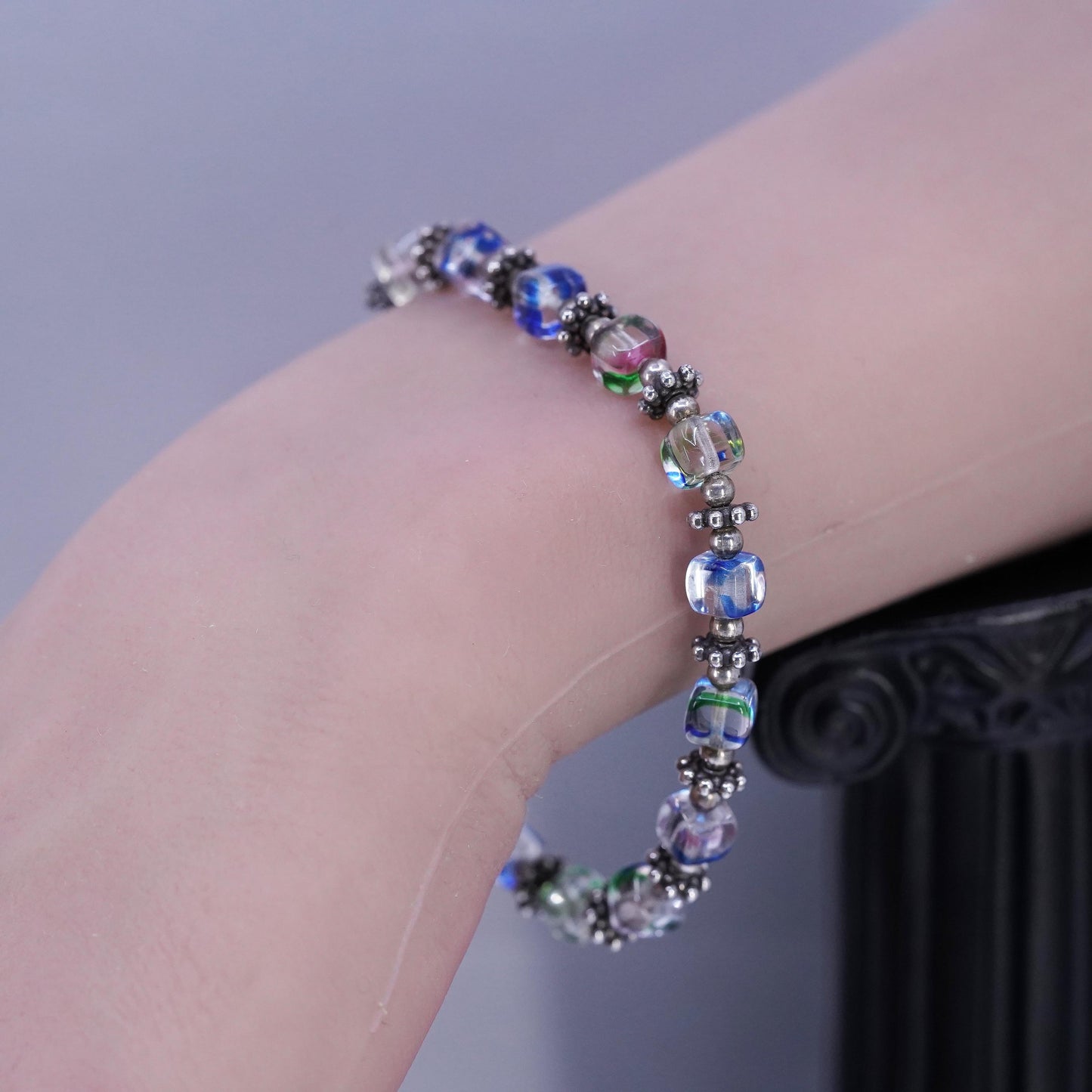 7", Vintae Sterling 925 Silver Handmade Bracelet, Crystal cube beads