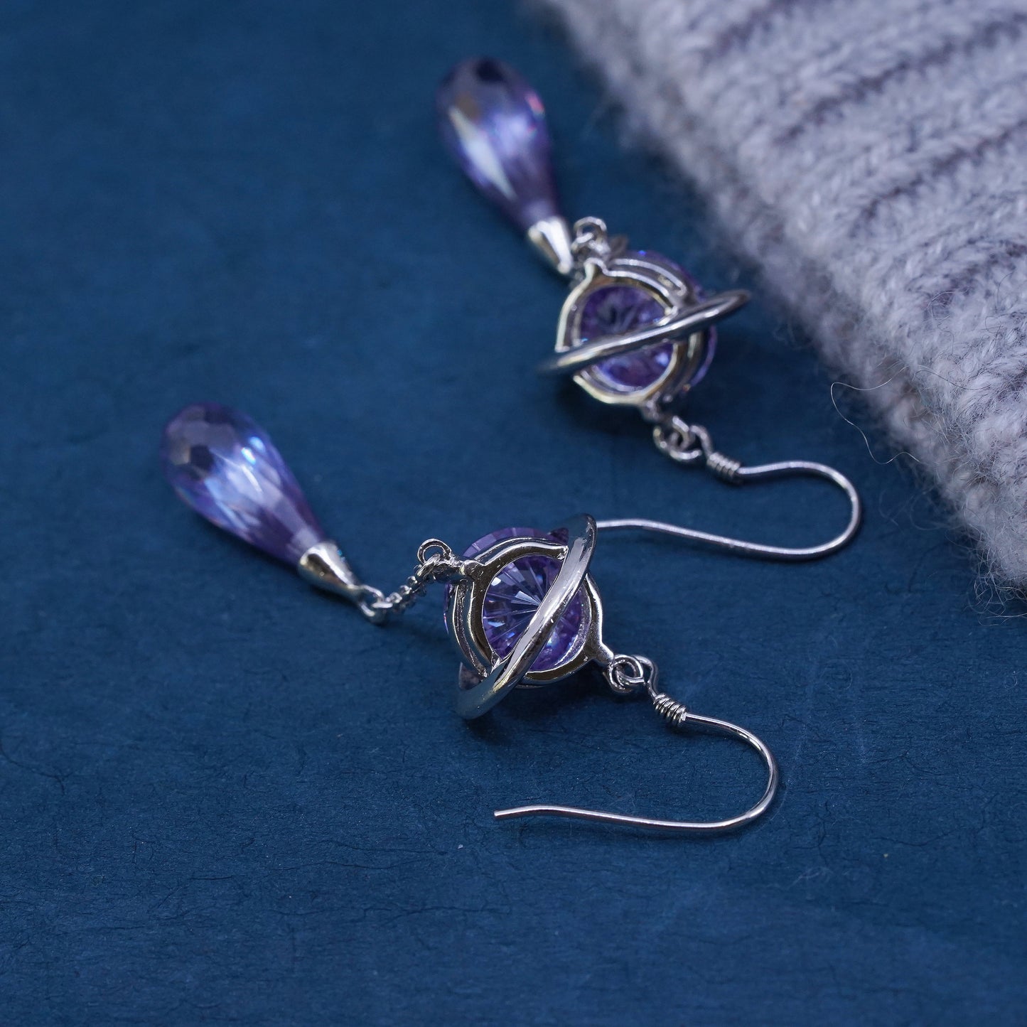 Vintage sterling 925 silver handmade planet earrings with teardrop amethyst