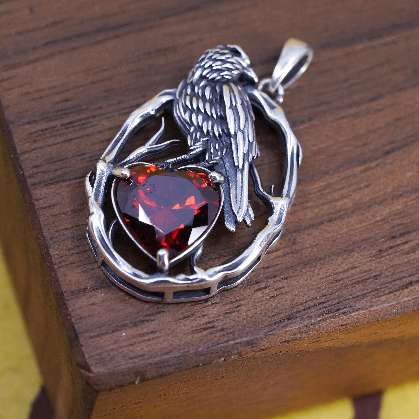Garnet Heart Raven Pendant, Sterling Silver 925 Crow Bird Oval, Red 925 Jewelry