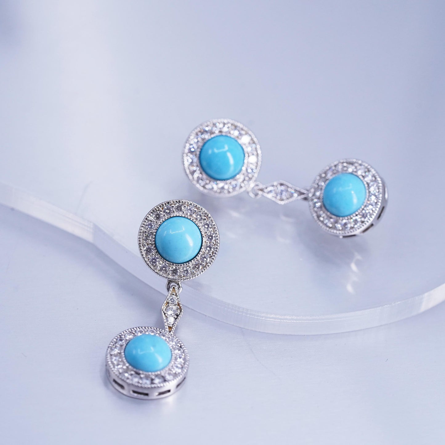 Vintage Sterling 925 silver handmade earrings with turquoise and cluster Cz