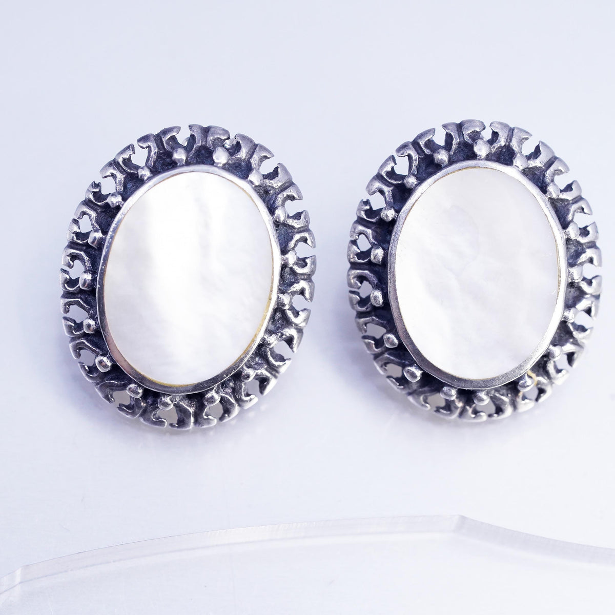 Vintage Sterling 925 silver earrings, oval beaded studs with mother of pearl